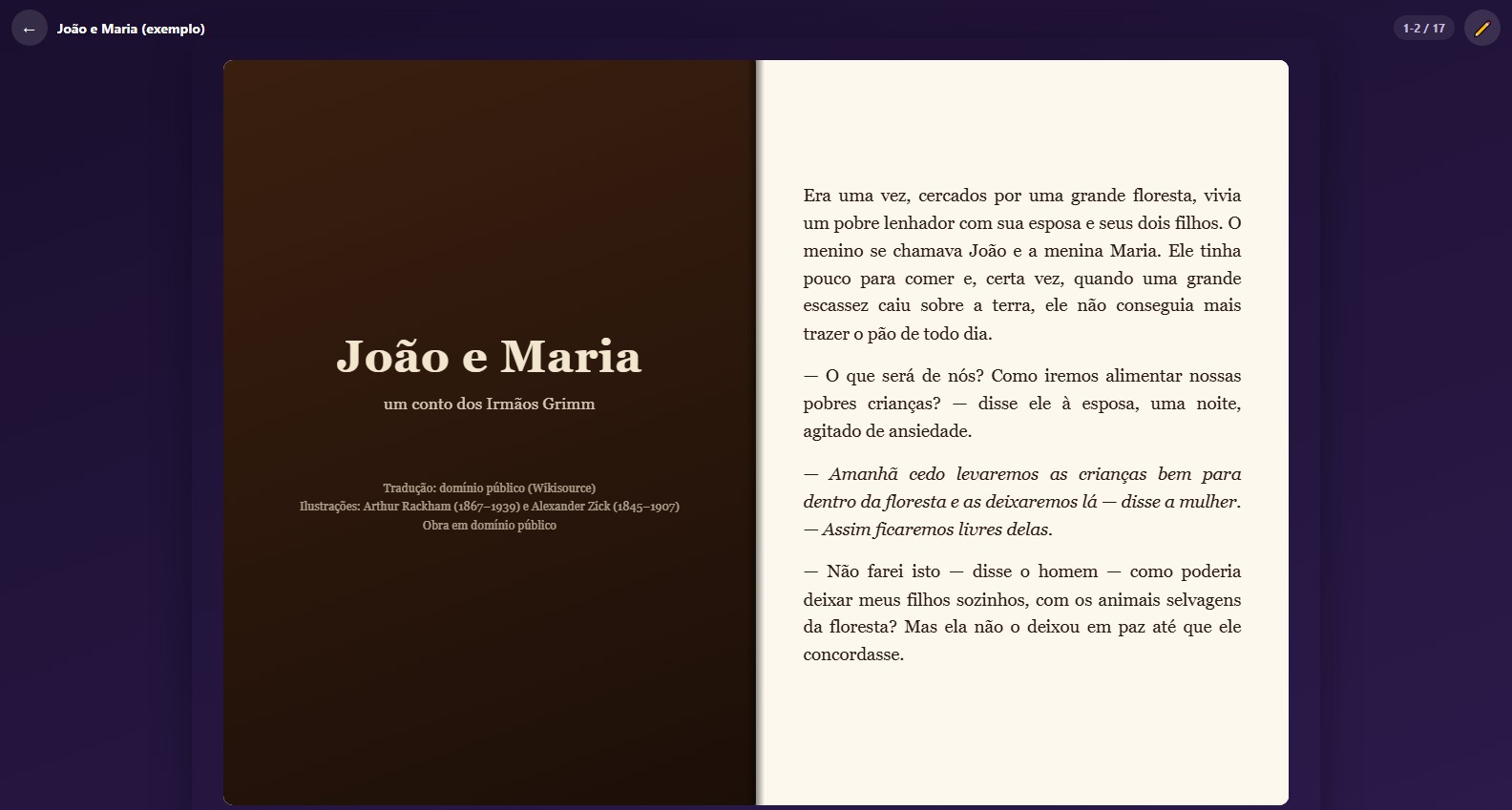 Livro aberto de duas páginas no app Leitura Mágica