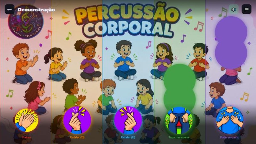 Tela do jogo Percussão Corporal com gestos coloridos
