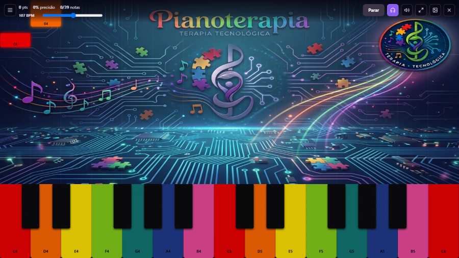 Tela do Piano Terapia com musicograma e teclado colorido
