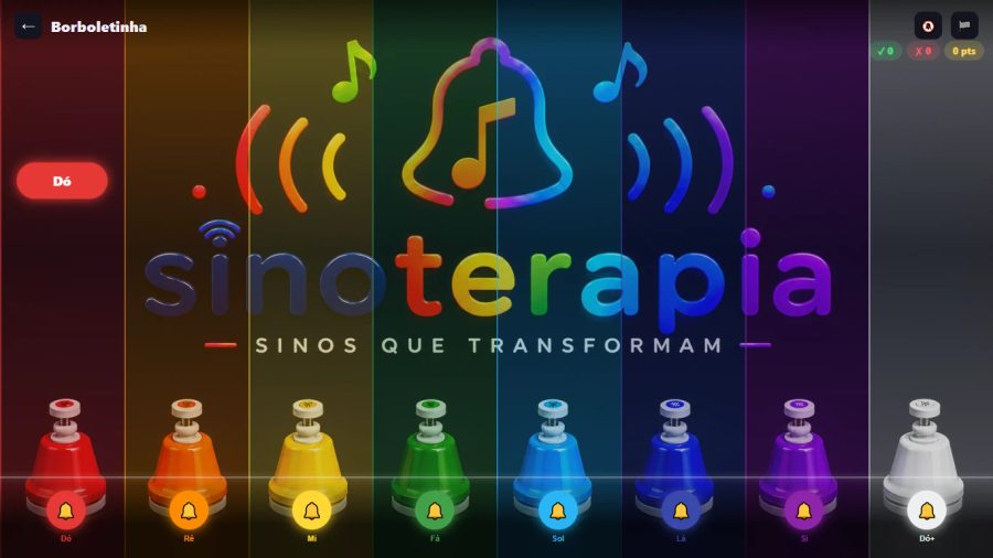 Tela do jogo SinoTerapia com sinos coloridos