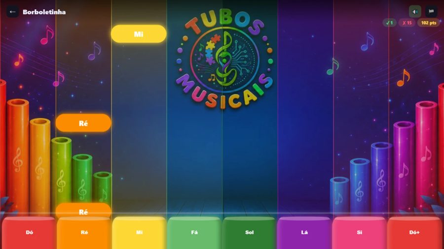 Tela do jogo Tubos Musicais com tubos coloridos